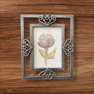 Floral Watercolor Painting. Original. Silver Frame 4x4 inches. Pinks/gray